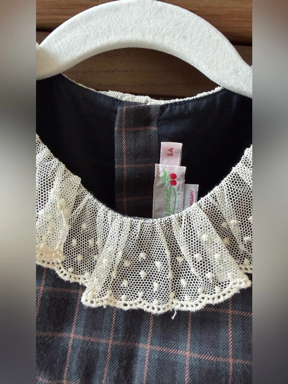 Bonpoint black Plaid Dress with Cream Lace Collar